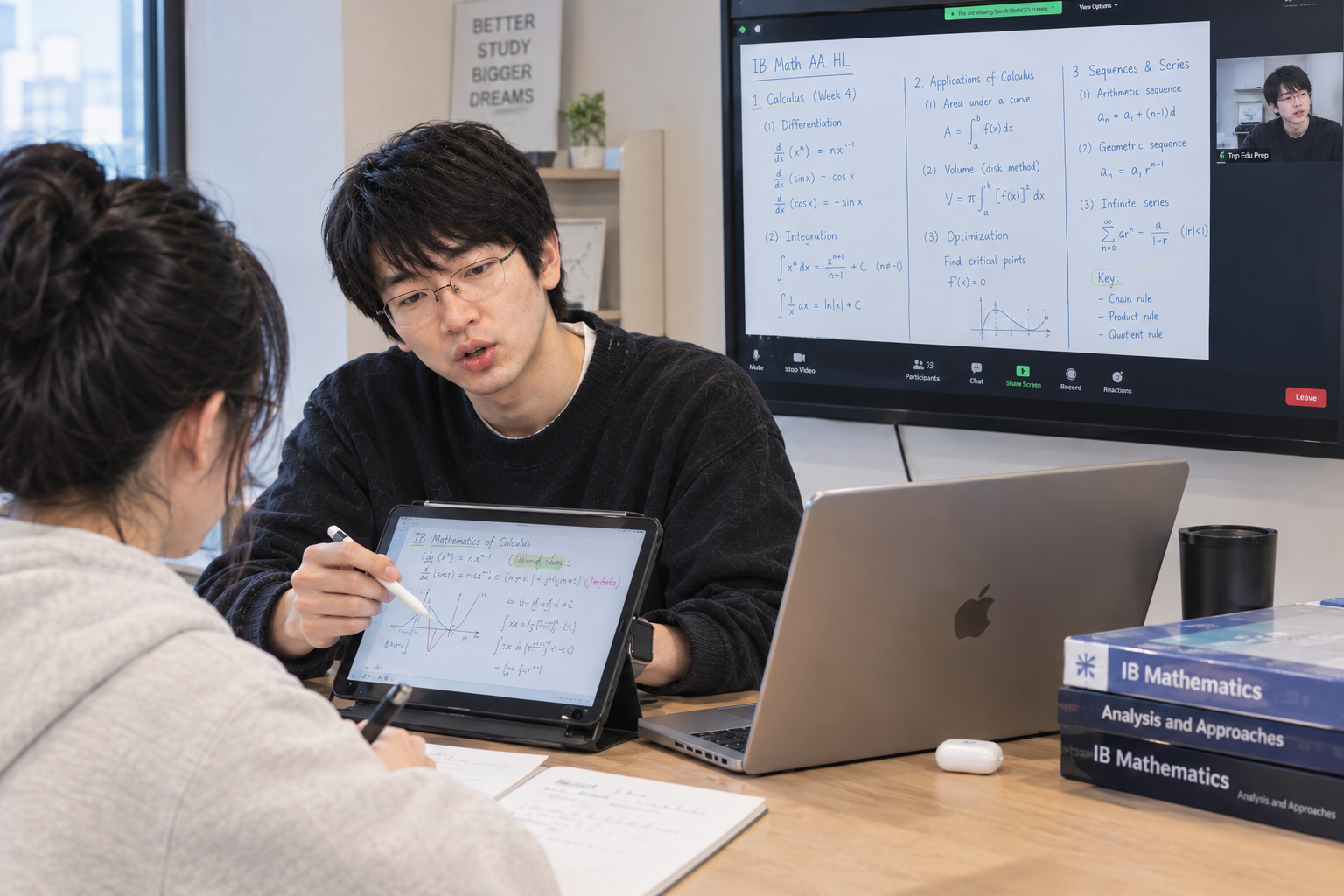 태블릿과 노트북을 활용해 AP Mathematics 개념을 설명하는 튜터링 장면
